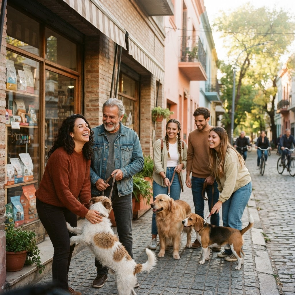 Personas y mascotas en un comercio adherido